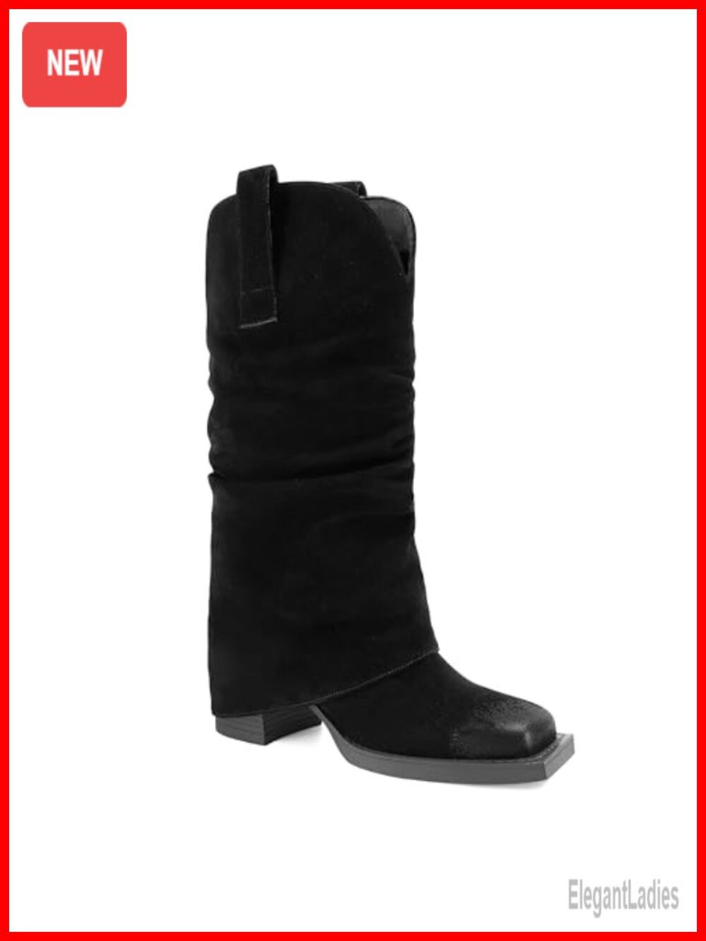 Faux Suede Fold Over Boots Square Toe Chunky Block Heel Mid Calf Slouchy